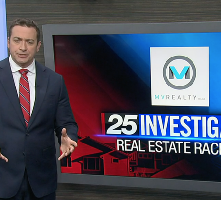 Screenshot of Boston 25 News anchor talking in front of screen reading 25 Investigates Real Estate Racket
